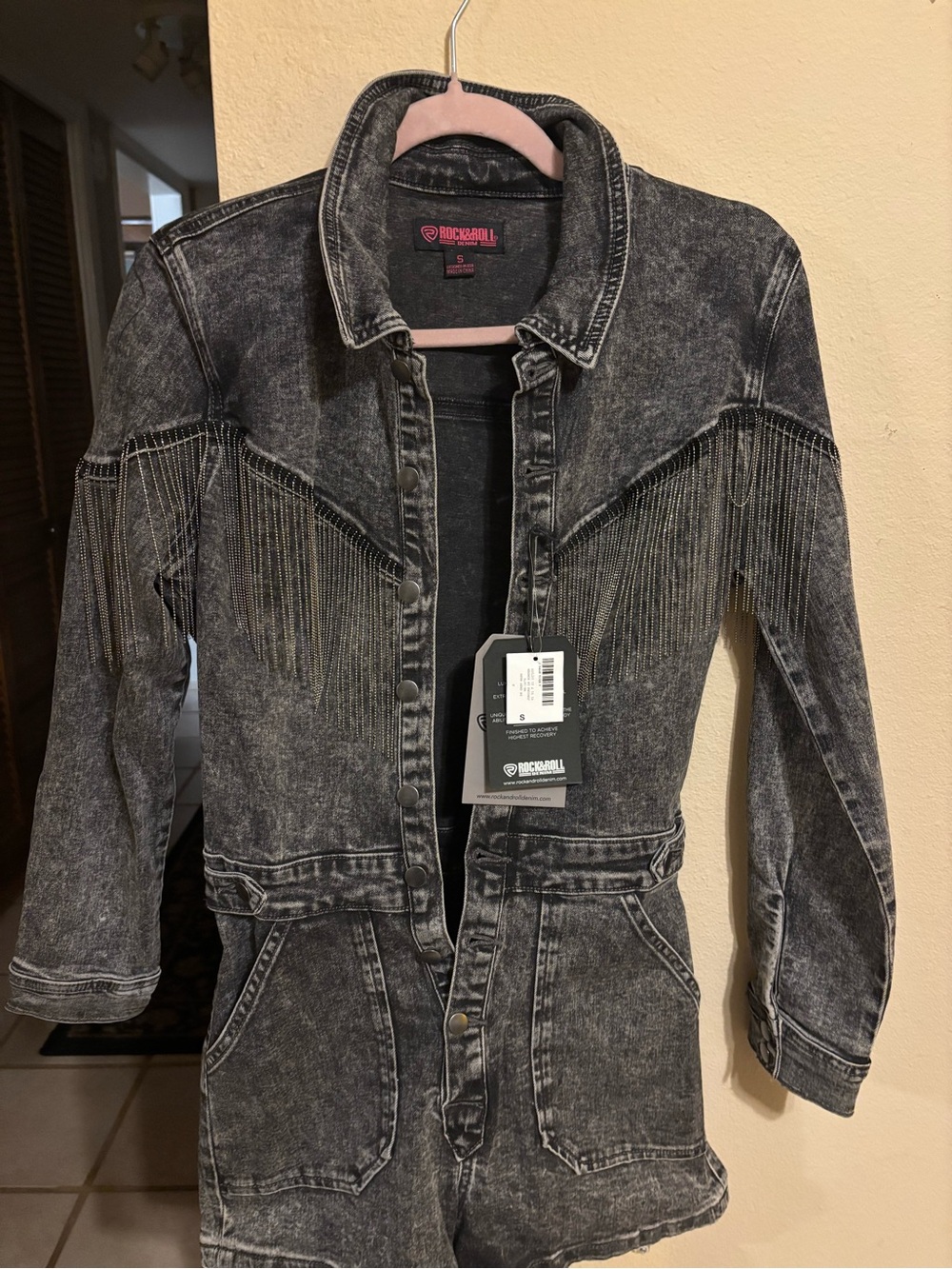 Rock & Roll Denim Fringe Jean Jacket Romper in Washed Black